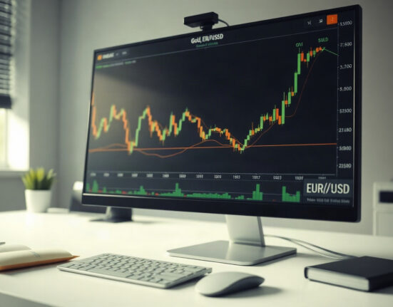 Financial charts on a trading screen showing gold, EUR/USD, and crude oil price movements