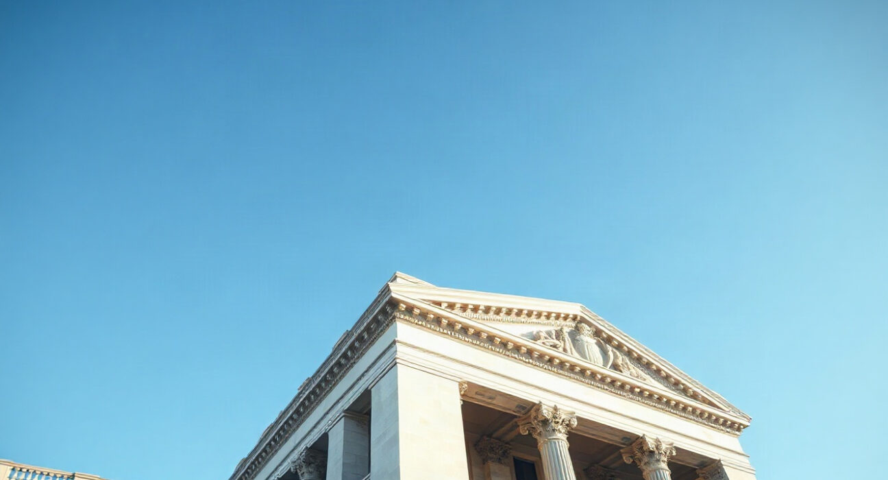 US Treasury Building in Washington, DC, under clear sky, symbolizing government debt management.