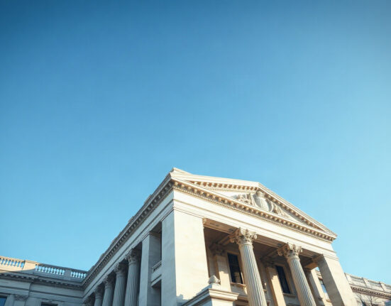US Treasury Building in Washington, DC, under clear sky, symbolizing government debt management.