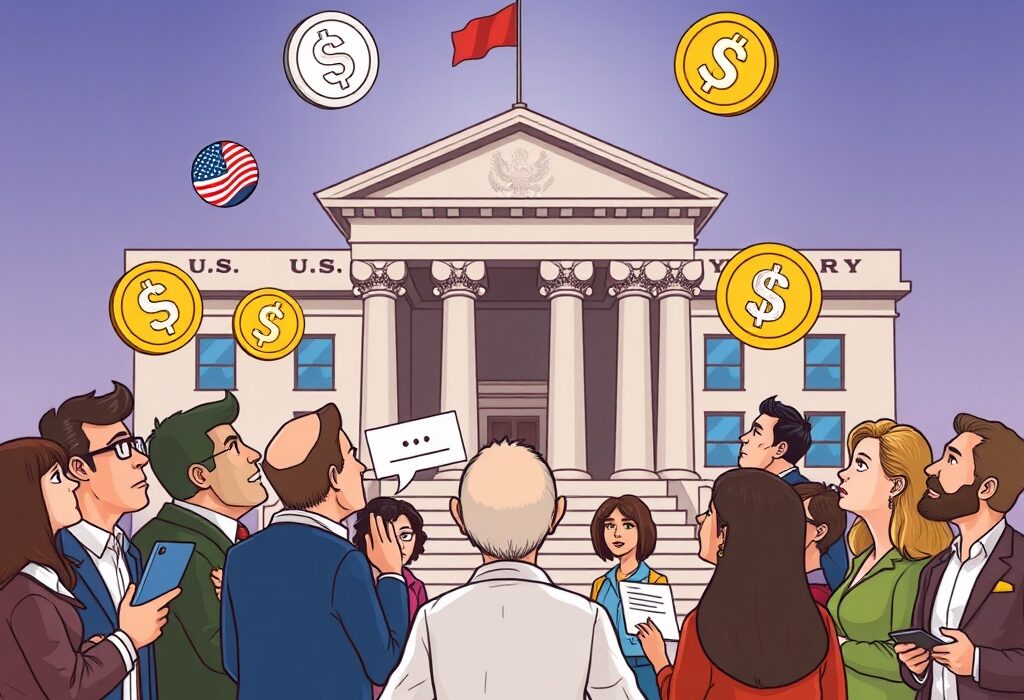 A cartoon illustration showing public input shaping stablecoin regulation following U.S. Treasury crypto comments.
