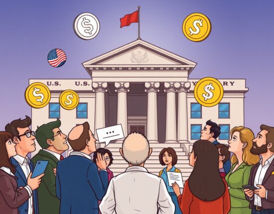 A cartoon illustration showing public input shaping stablecoin regulation following U.S. Treasury crypto comments.