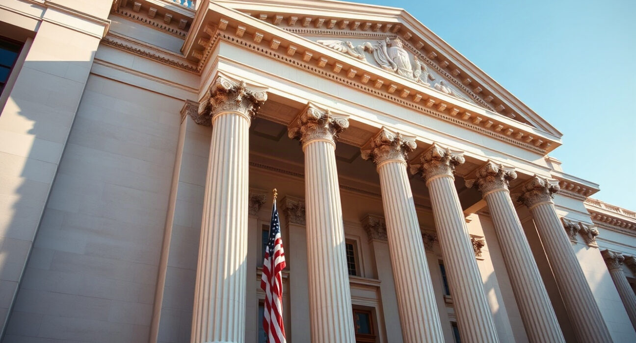 US Treasury building in Washington, D.C., symbolizing government bond operations.