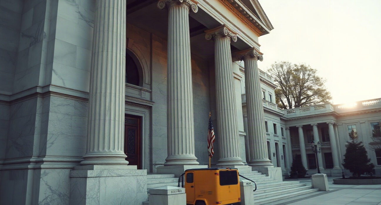 US Treasury building in Washington, DC, with flag flying, symbolizing fiscal policy actions.