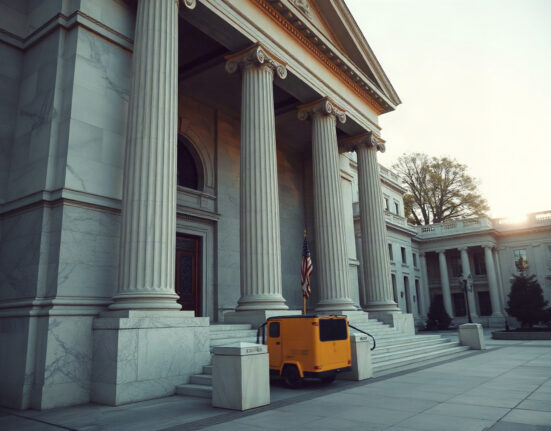 US Treasury building in Washington, DC, with flag flying, symbolizing fiscal policy actions.