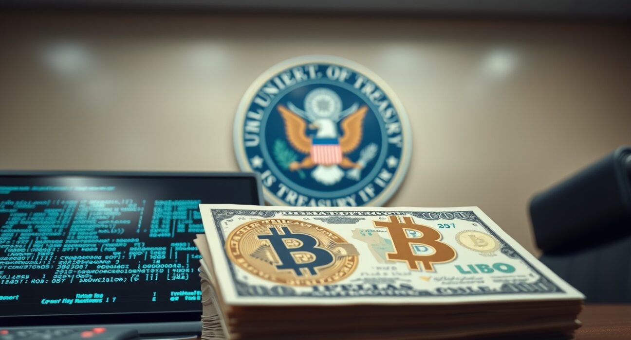 U.S. Treasury seal in background with Bitcoin and dollar bills in foreground symbolizing crypto sanctions enforcement.