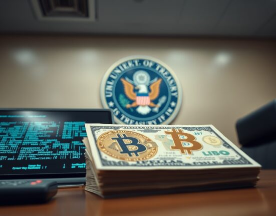 U.S. Treasury seal in background with Bitcoin and dollar bills in foreground symbolizing crypto sanctions enforcement.