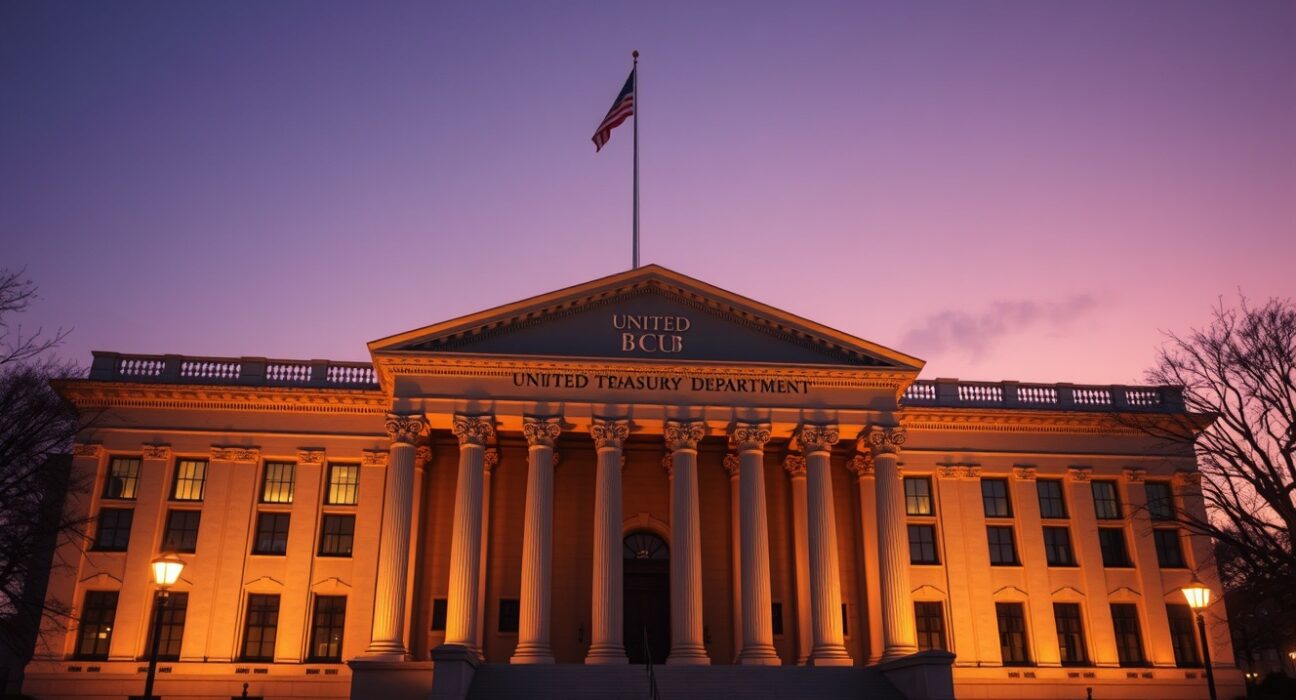 US Treasury Department building as the GENIUS Act stablecoin rules are proposed.