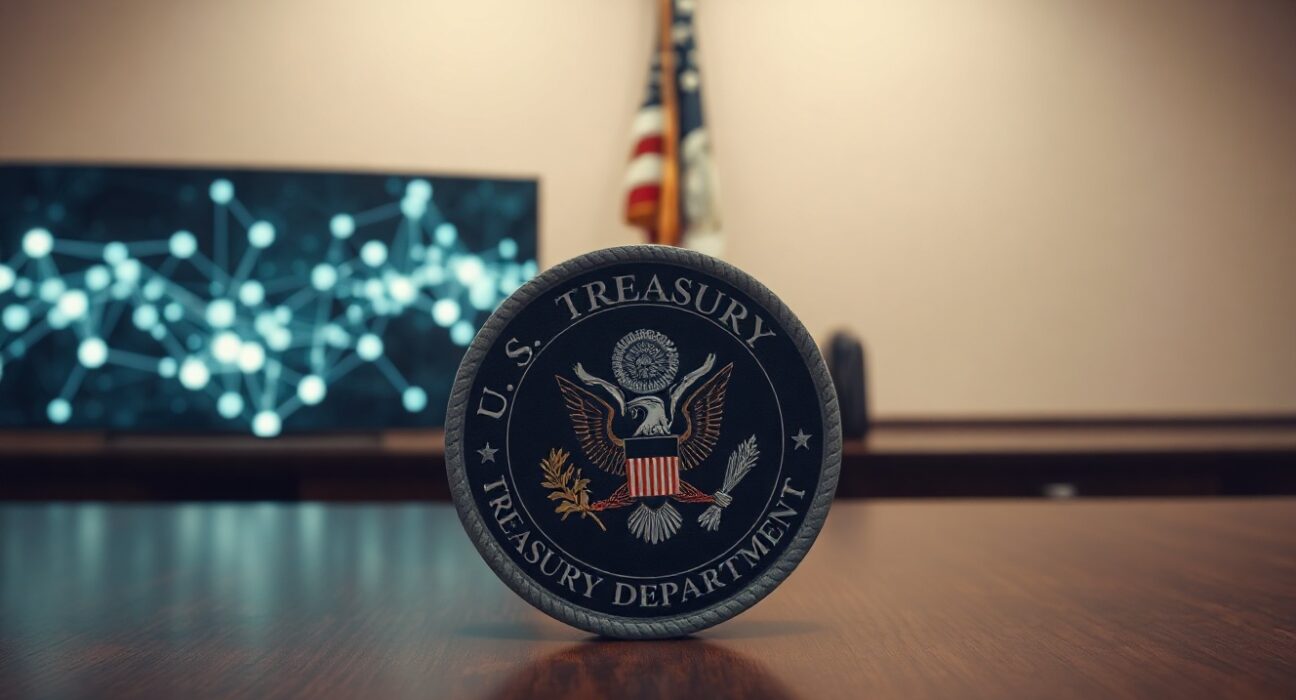 US Treasury Department seal on a desk with a blurred cryptocurrency blockchain graphic in the background