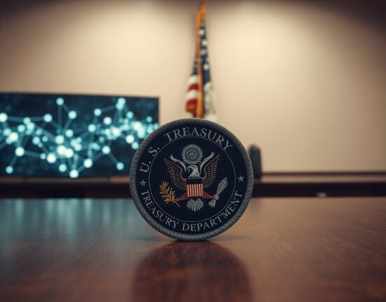 US Treasury Department seal on a desk with a blurred cryptocurrency blockchain graphic in the background