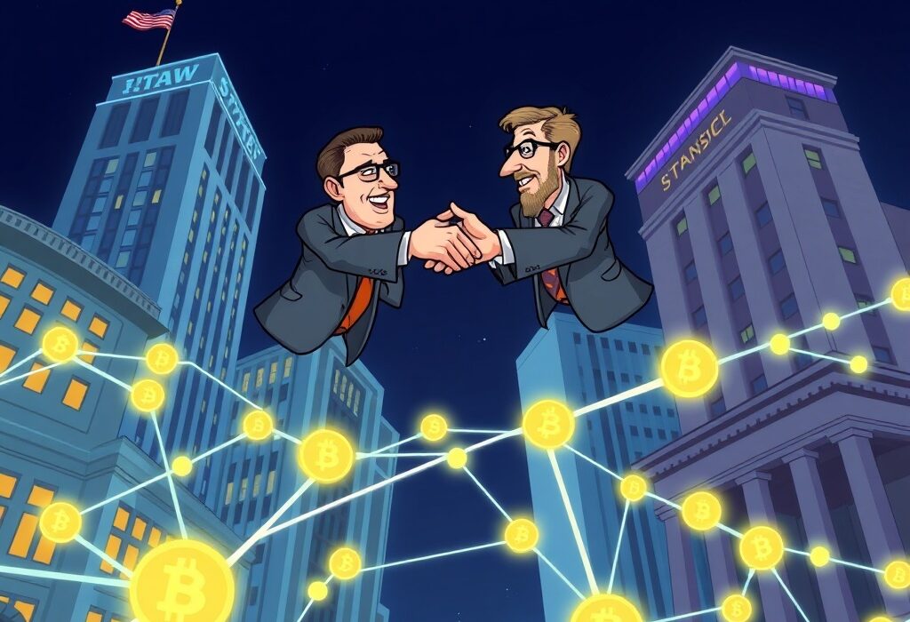 Cartoon illustration showing the digital transformation of U.S. Treasury repo operations, highlighting the secure and instant nature of blockchain settlement.