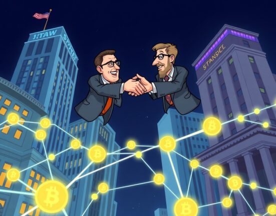 Cartoon illustration showing the digital transformation of U.S. Treasury repo operations, highlighting the secure and instant nature of blockchain settlement.