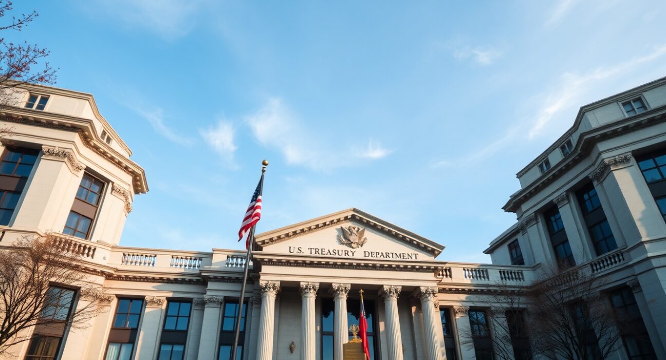 U.S. Treasury Department building exterior on a clear day, symbolizing financial sanctions actions.