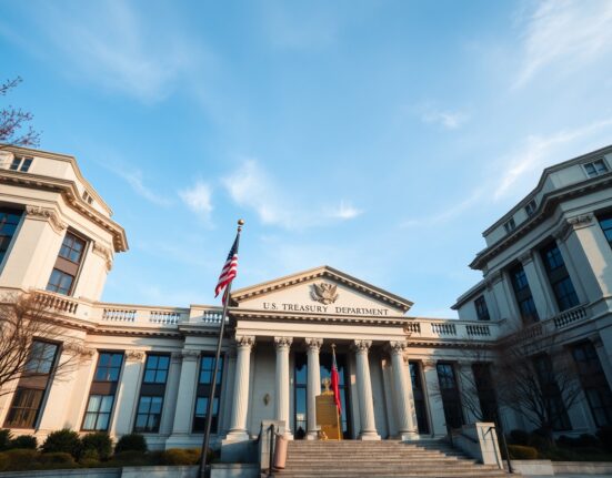 U.S. Treasury Department building exterior on a clear day, symbolizing financial sanctions actions.