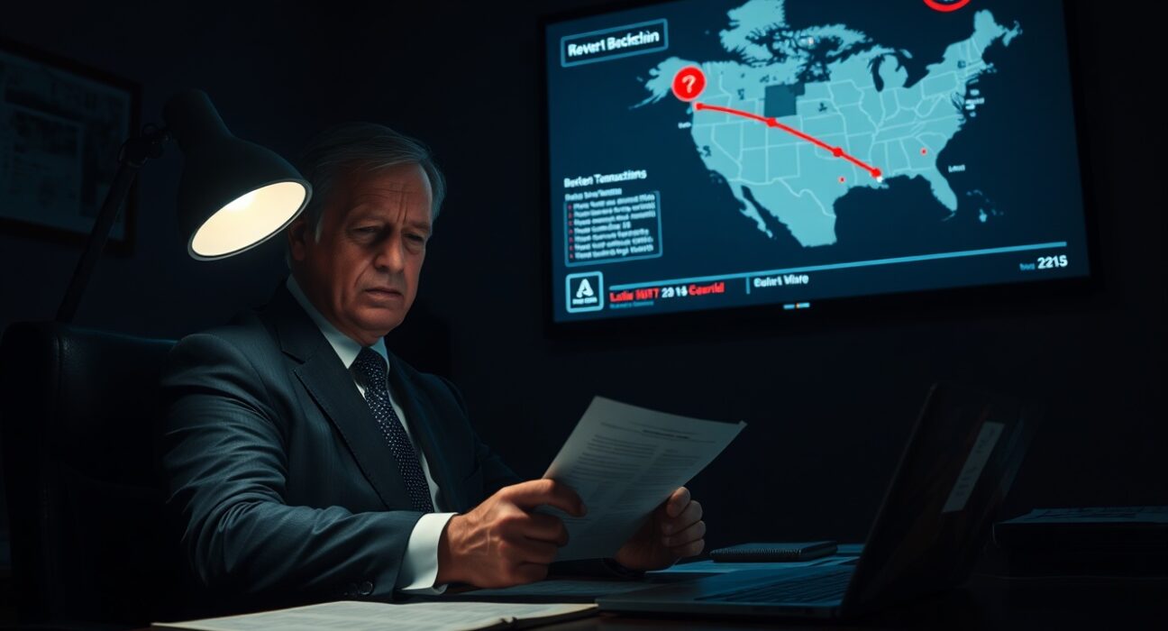 US Treasury official reviewing blockchain evidence in a dimly lit office with a map of drug trafficking routes on screen.