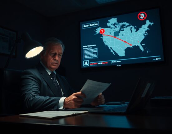 US Treasury official reviewing blockchain evidence in a dimly lit office with a map of drug trafficking routes on screen.