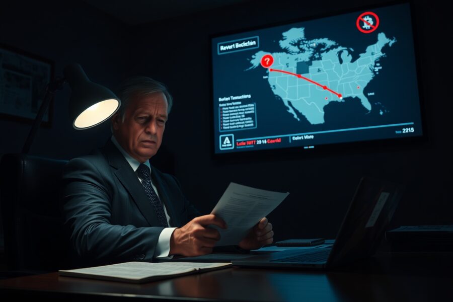 US Treasury official reviewing blockchain evidence in a dimly lit office with a map of drug trafficking routes on screen.