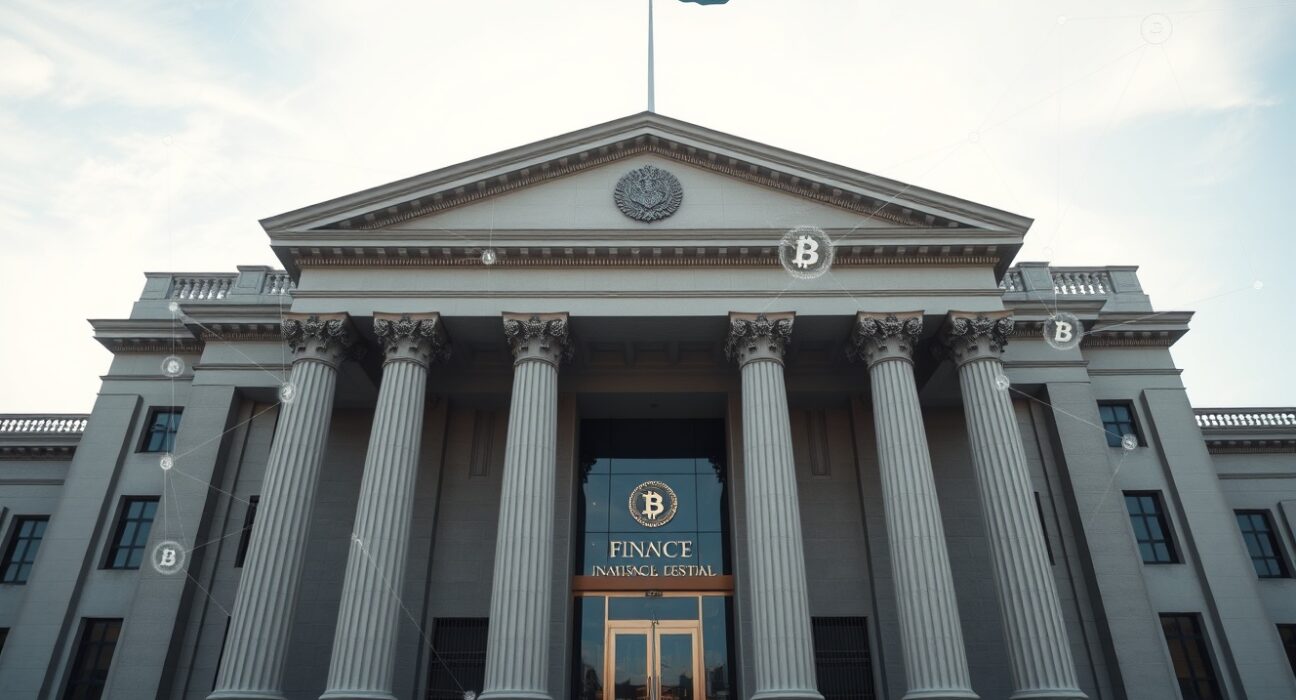 Government building with digital blockchain overlay symbolizing cryptocurrency sanctions
