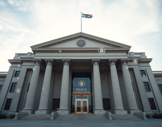Government building with digital blockchain overlay symbolizing cryptocurrency sanctions