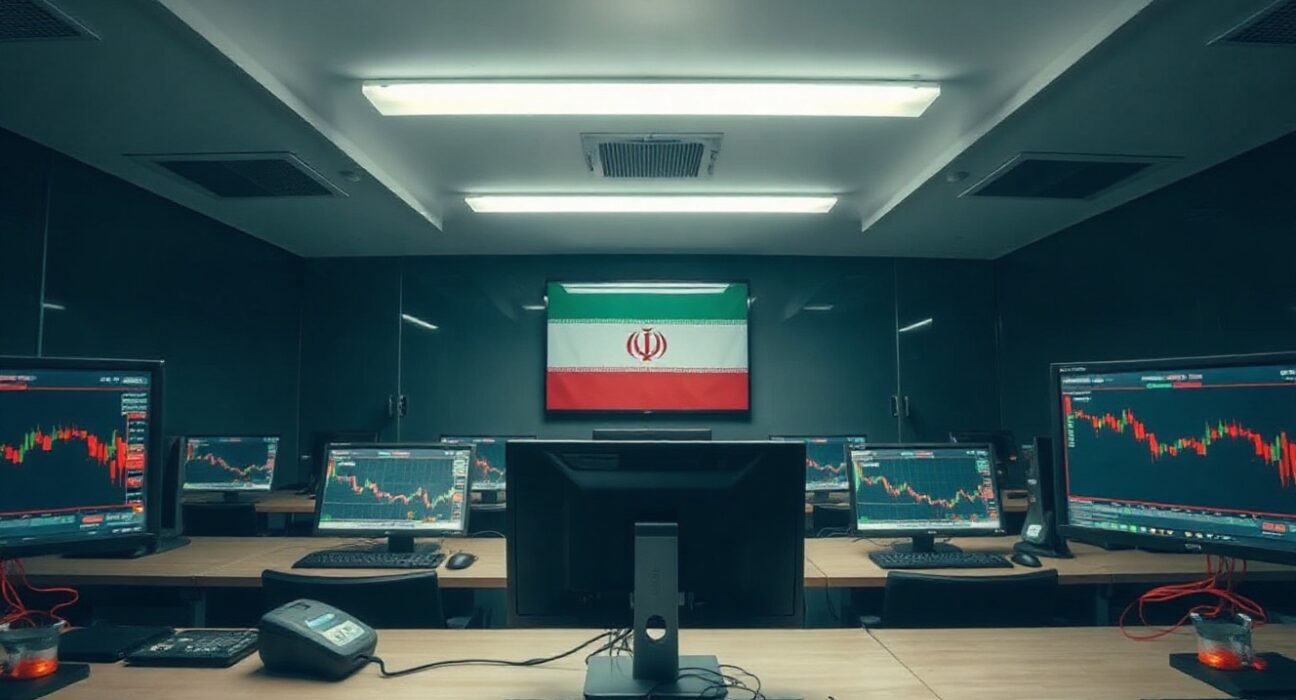 Empty cryptocurrency exchange office in Tehran with trading screens, representing sanctioned Iranian crypto platforms.