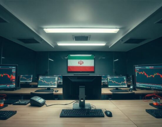 Empty cryptocurrency exchange office in Tehran with trading screens, representing sanctioned Iranian crypto platforms.
