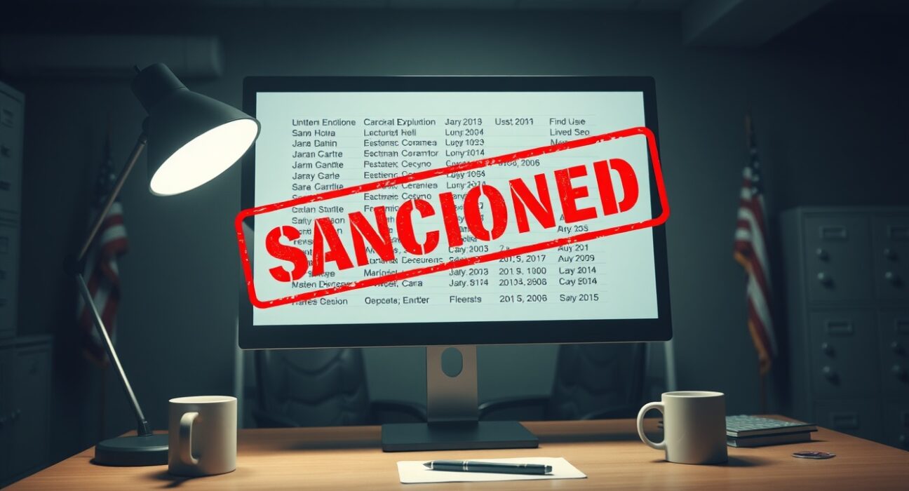 Computer monitor displaying a sanctioned list with a red stamp overlay in a dimly lit office