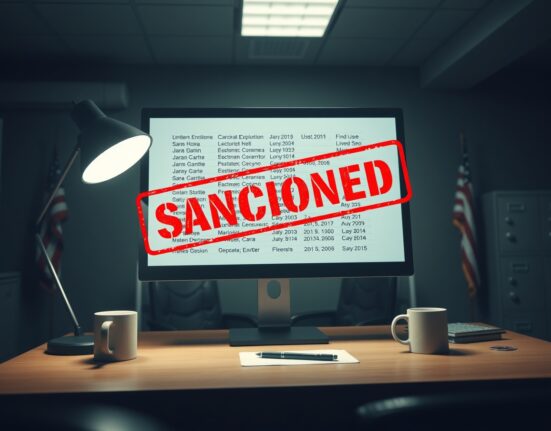 Computer monitor displaying a sanctioned list with a red stamp overlay in a dimly lit office