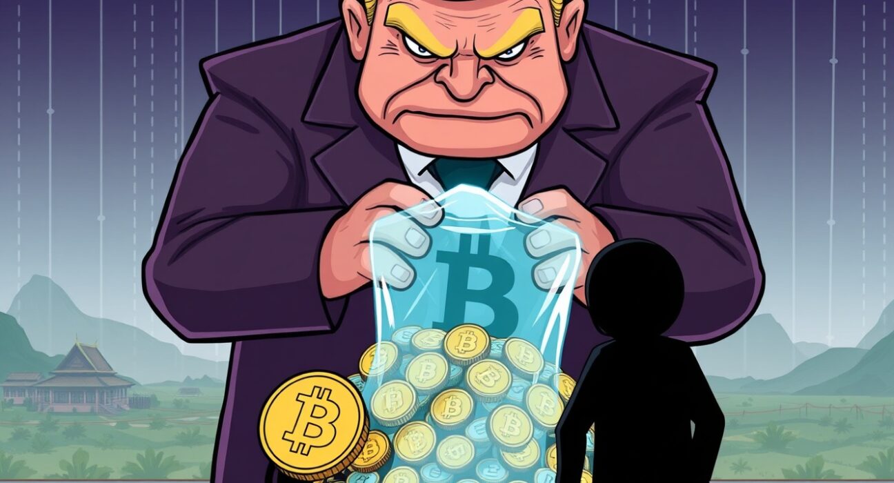 Cartoon depicting the US Treasury sanctions Prince Group, freezing a significant amount of Bitcoin.