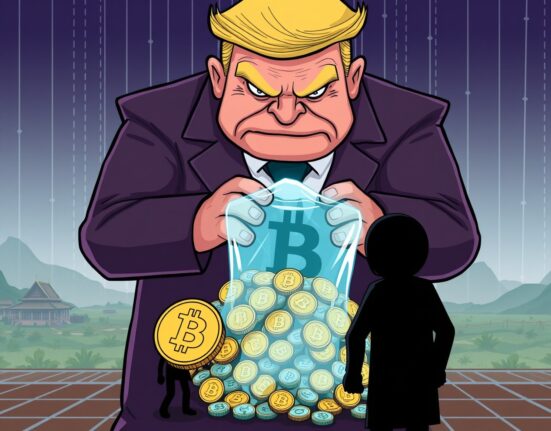 Cartoon depicting the US Treasury sanctions Prince Group, freezing a significant amount of Bitcoin.