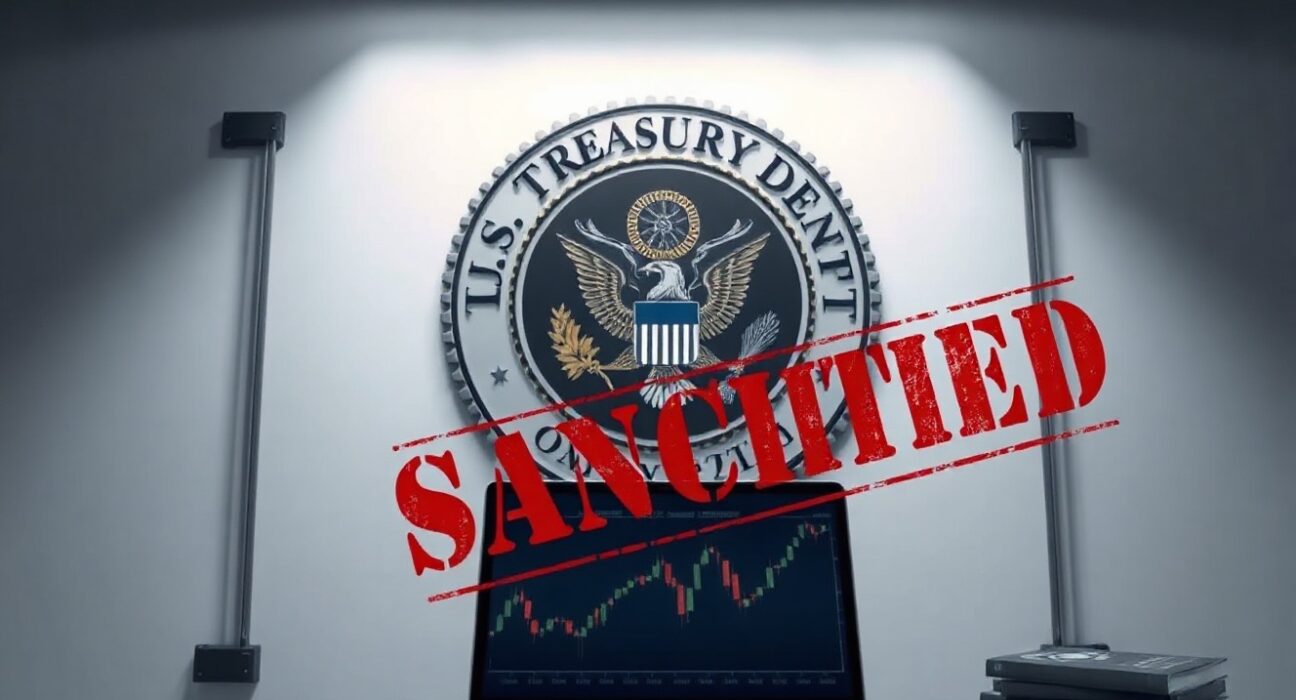 U.S. Treasury Department seal in an office with a laptop showing crypto charts and sanctioned documents.