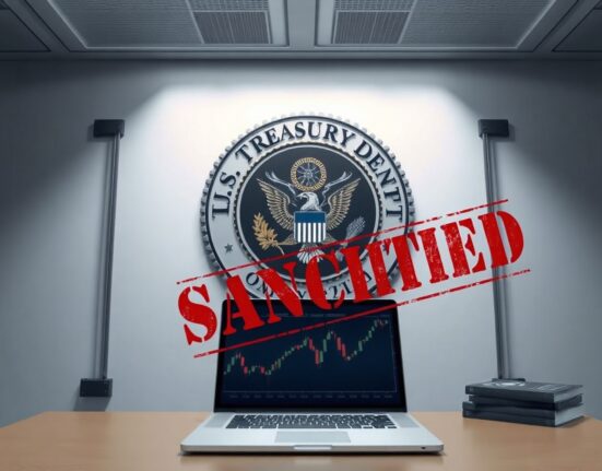 U.S. Treasury Department seal in an office with a laptop showing crypto charts and sanctioned documents.
