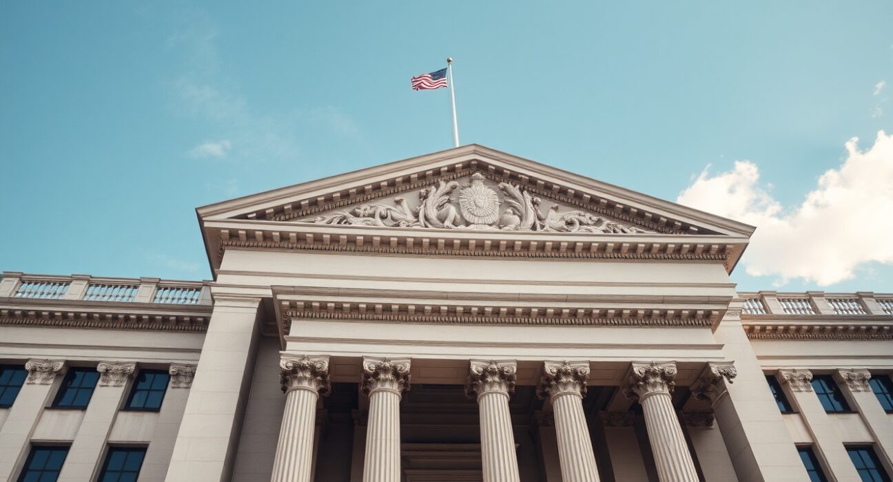 Exterior of the U.S. Treasury building in Washington, D.C., on a sunny day.