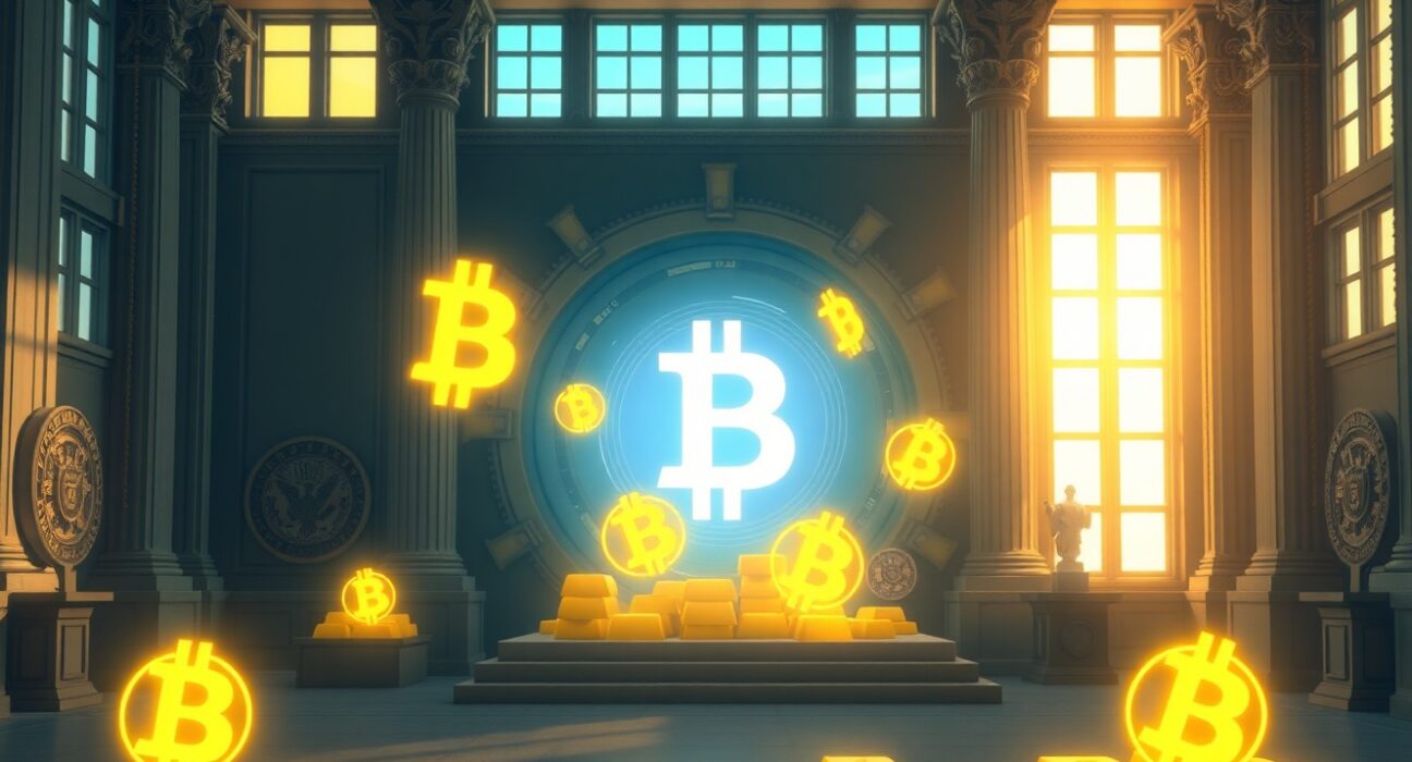 Concept of a US Strategic Bitcoin Reserve blending digital and traditional government assets.