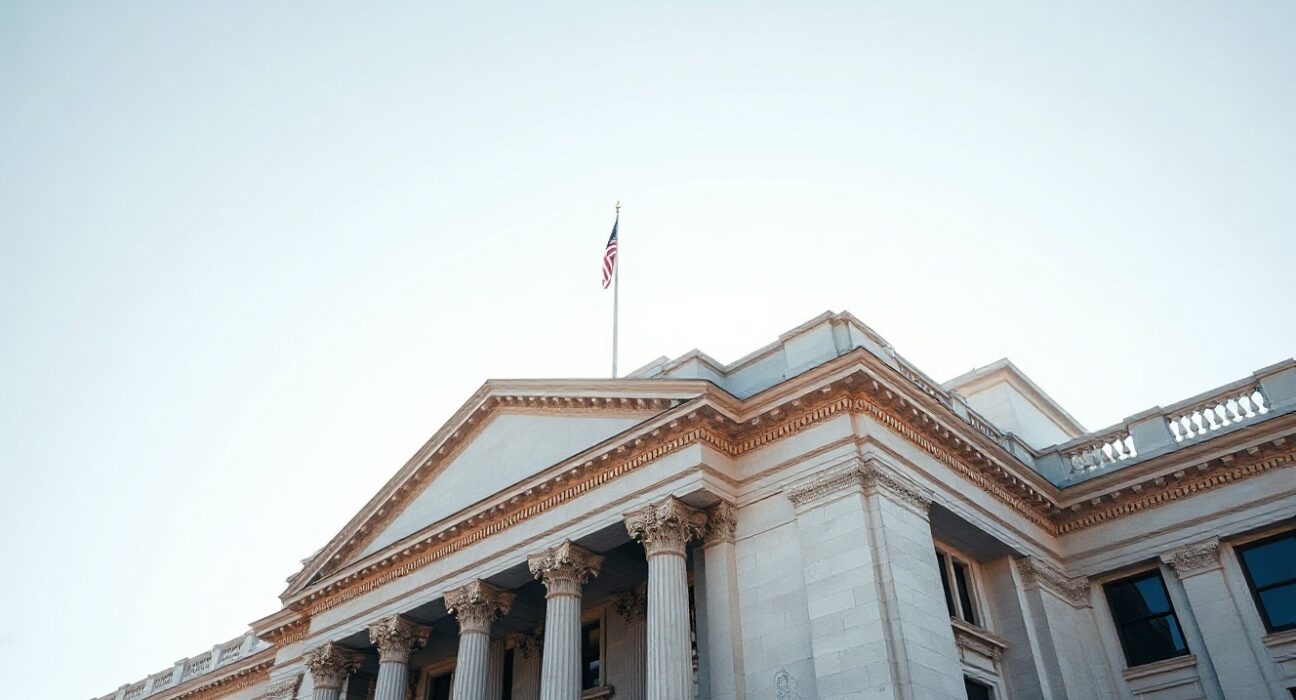 Exterior of the US Treasury Building in Washington, D.C., on a sunny day