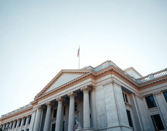 Exterior of the US Treasury Building in Washington, D.C., on a sunny day