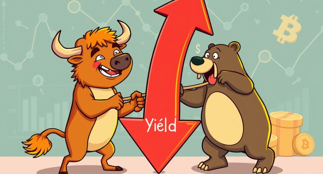 Cartoon illustration showing US 10-year Treasury yield decline impacting cryptocurrency markets with bull and bear characters