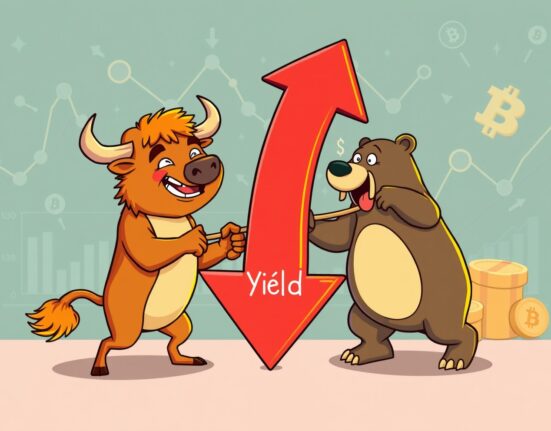 Cartoon illustration showing US 10-year Treasury yield decline impacting cryptocurrency markets with bull and bear characters