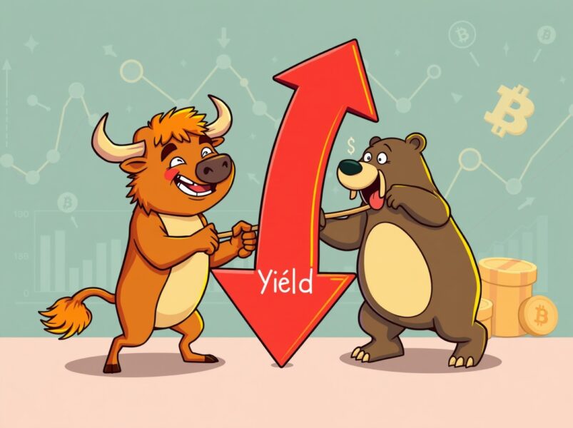 Cartoon illustration showing US 10-year Treasury yield decline impacting cryptocurrency markets with bull and bear characters
