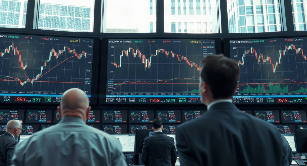 Traders monitoring US Treasury yield charts on screens at a financial trading desk
