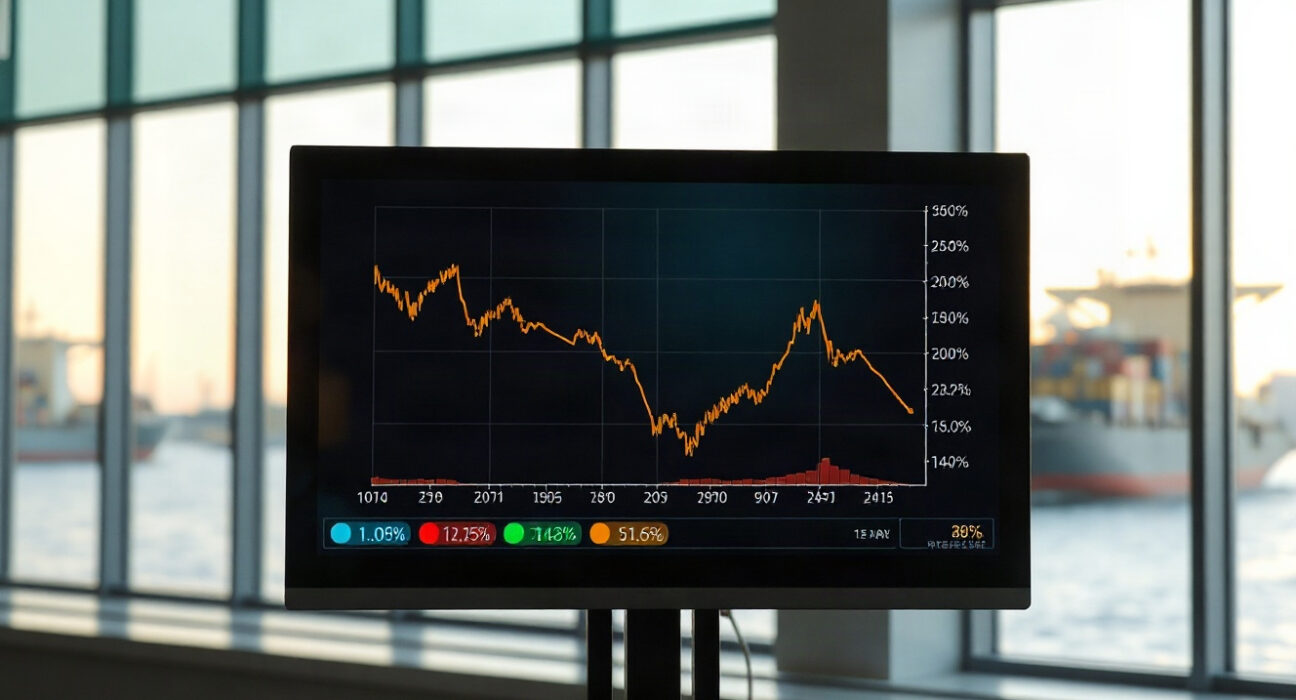Financial screen showing falling Treasury yields with a tanker in the Strait of Hormuz in the background