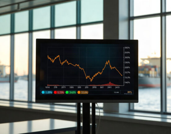 Financial screen showing falling Treasury yields with a tanker in the Strait of Hormuz in the background