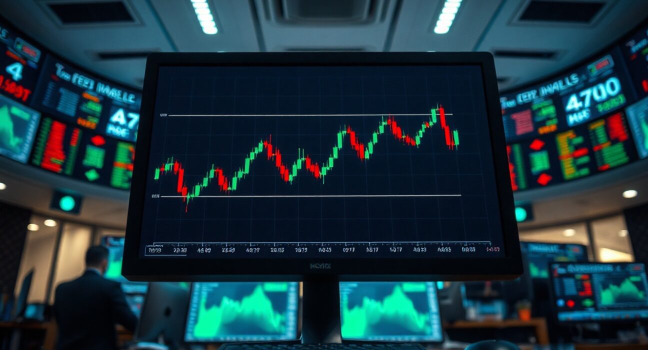 A computer monitor displaying a bond yield chart in a professional trading environment.