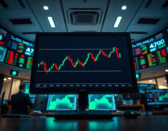 A computer monitor displaying a bond yield chart in a professional trading environment.