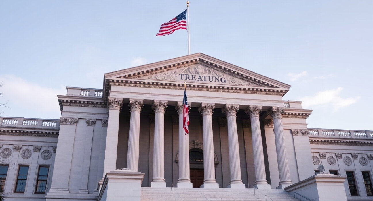 US Treasury building in Washington, DC, on a sunny day
