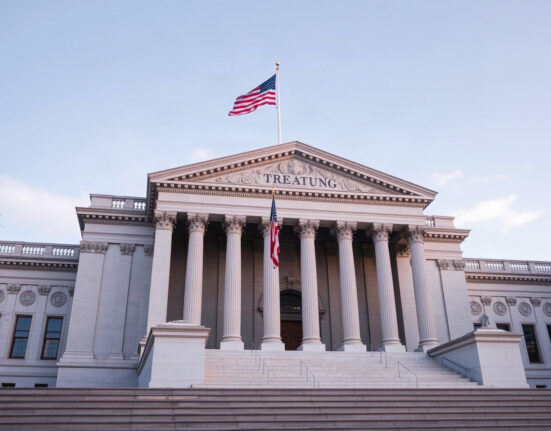 US Treasury building in Washington, DC, on a sunny day