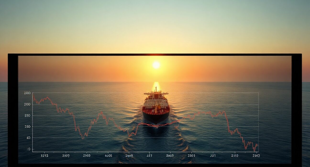 Oil tanker in Strait of Hormuz with overlaid Treasury yield chart showing decline