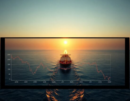 Oil tanker in Strait of Hormuz with overlaid Treasury yield chart showing decline