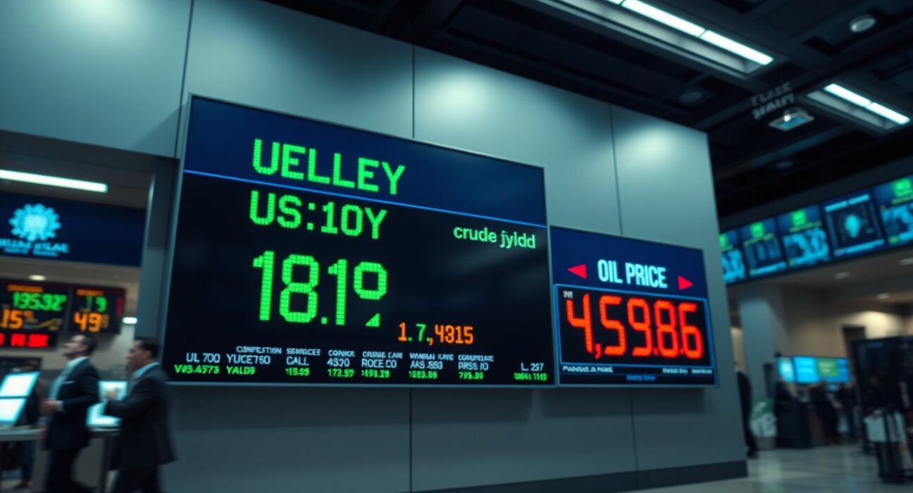Digital display board showing US Treasury yields and oil prices on a calm trading floor