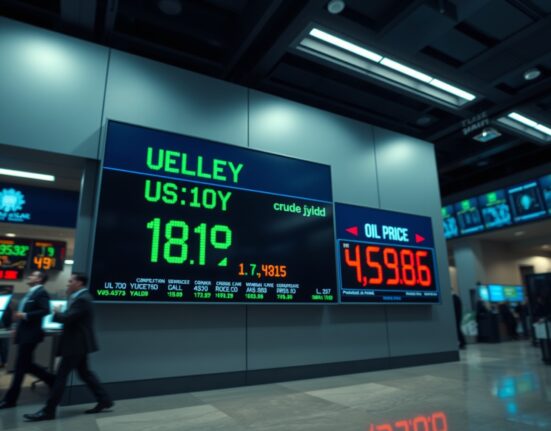 Digital display board showing US Treasury yields and oil prices on a calm trading floor