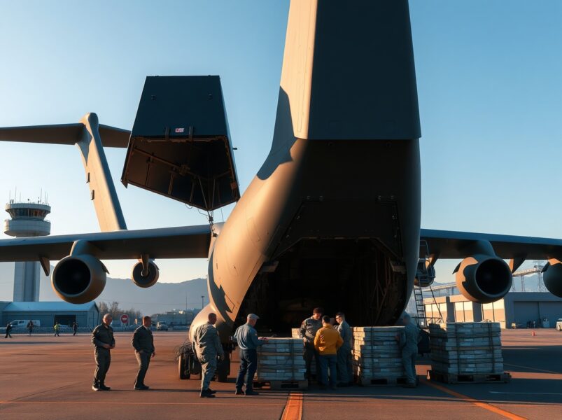 US military aircraft and personnel preparing for strategic troop movement from Japan to the Middle East.