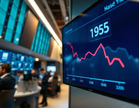 U.S. Treasury yield chart on trading floor screen with downward trend